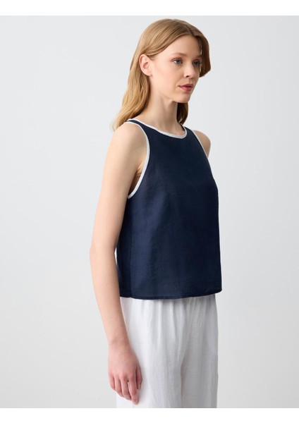 Lacivert Yuvarlak Yaka Düz Kesim Kolsuz Keten Bluz fırsatları