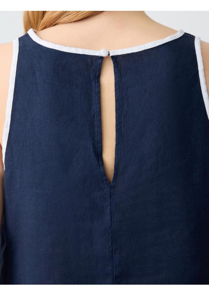 Lacivert Yuvarlak Yaka Düz Kesim Kolsuz Keten Bluz indirimleri