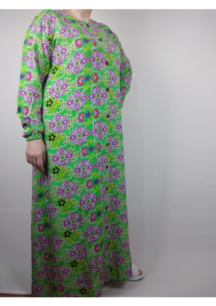 Kadın Yeşil Bisiklet Yaka Uzun Kollu Kol Bilek Lastikli Yazlık Viskon Uzun Anne Elbise 2 cm Suya Çeker