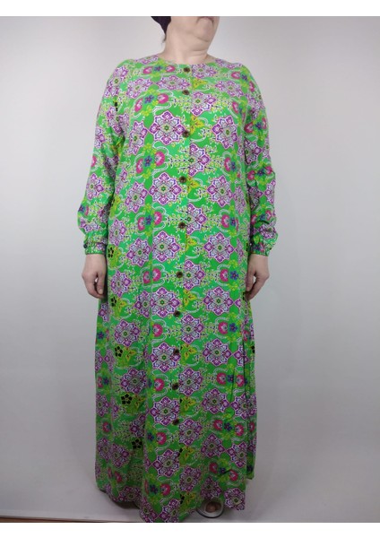 Kadın Yeşil Bisiklet Yaka Uzun Kollu Kol Bilek Lastikli Yazlık Viskon Uzun Anne Elbise 2 cm Suya Çeker fiyatları