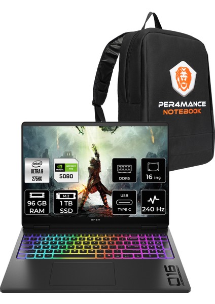 Omen Max 16 Intel Core Ultra 9 275HX 96GB 1tb SSD RTX5080/16GB 16" Qhd+ 240Hz Fdos Taşınabilir Bilgisayar & Per4 Çanta B92QYEAPN338