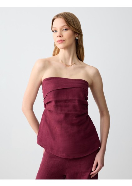 Bordo Dar Kesim Straplez Keten Bluz