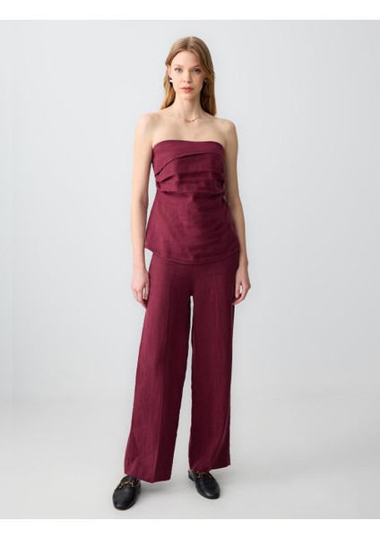 Bordo Dar Kesim Straplez Keten Bluz fiyatları