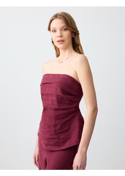 Bordo Dar Kesim Straplez Keten Bluz modelleri