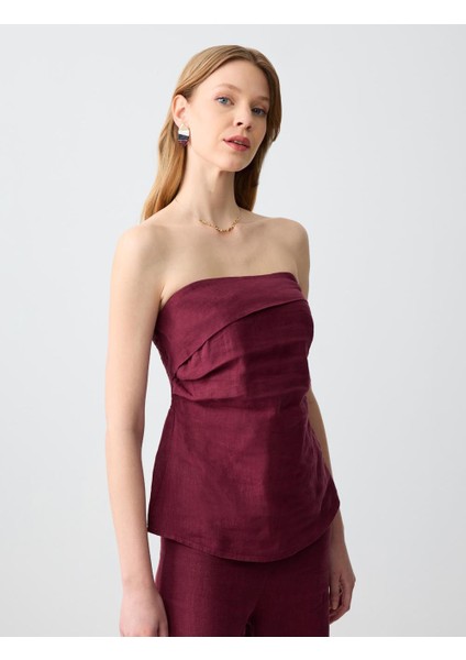 Bordo Dar Kesim Straplez Keten Bluz fırsatları