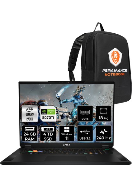 Msı Stealth 18 Hx Aı Intel Core Ultra 9 275HX 24GB 4tb SSD RTX5070TI/12GB 140W 18" Qhd+ 240Hz Windows 11 Home Taşınabilir Bilgisayar & Per4 Çanta A2XWHG024TRP315