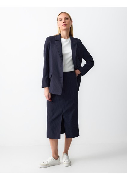 Lacivert Normal Bel Çizgi Desenli Dokuma Midi Etek