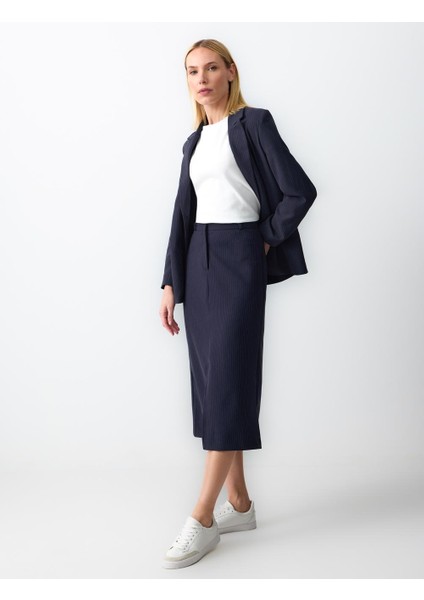 Lacivert Normal Bel Çizgi Desenli Dokuma Midi Etek fiyatları