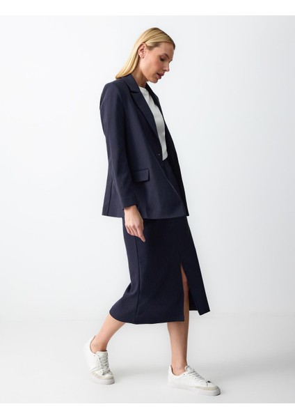 Lacivert Normal Bel Çizgi Desenli Dokuma Midi Etek modelleri