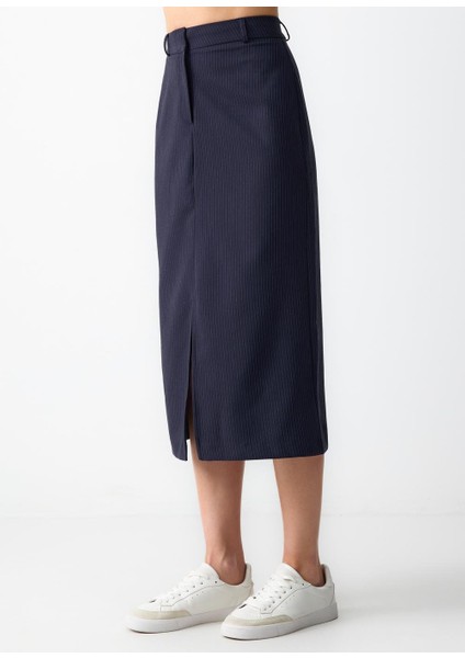 Lacivert Normal Bel Çizgi Desenli Dokuma Midi Etek fırsatları