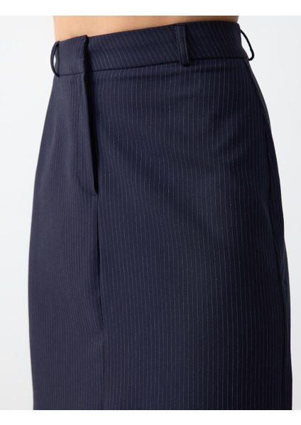 Lacivert Normal Bel Çizgi Desenli Dokuma Midi Etek indirimleri