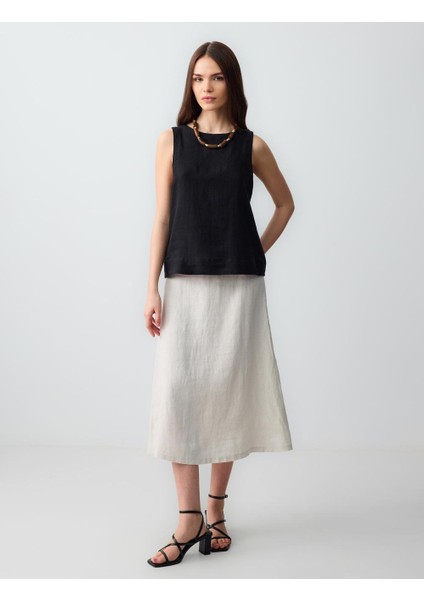 Taş Düz Kesim Yüksek Bel Keten Midi Etek