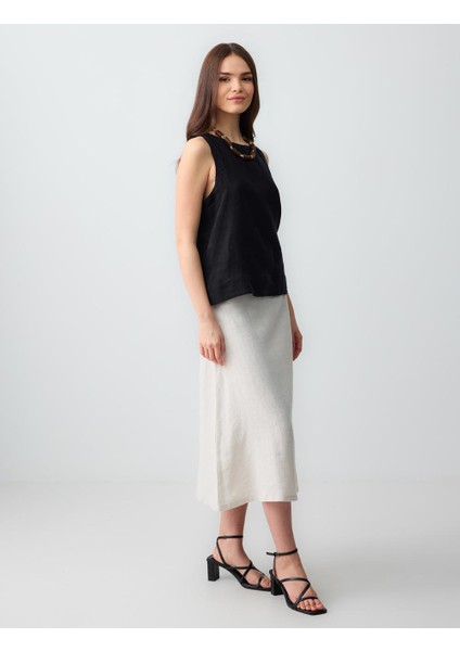 Taş Düz Kesim Yüksek Bel Keten Midi Etek modelleri