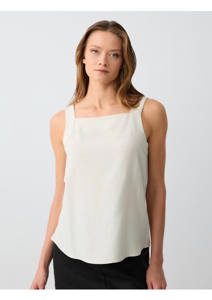 Taş Rahat Kesim Kare Yaka Kolsuz Keten Bluz