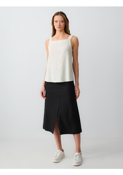 Taş Rahat Kesim Kare Yaka Kolsuz Keten Bluz fiyatları