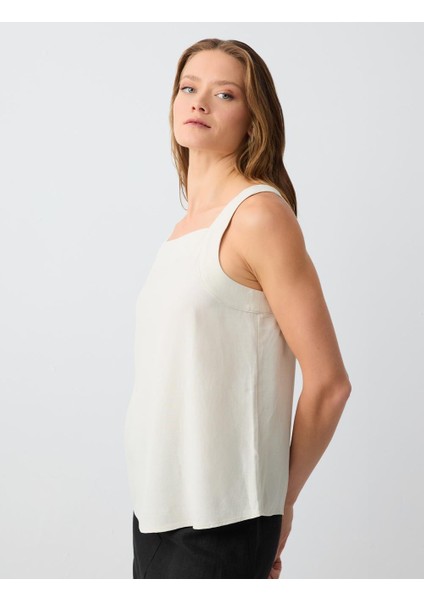 Taş Rahat Kesim Kare Yaka Kolsuz Keten Bluz modelleri