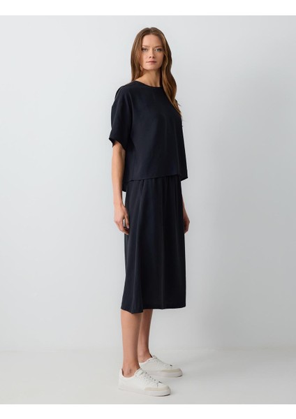 Siyah Rahat Kesim Yüksek Bel Dokuma Midi Etek modelleri