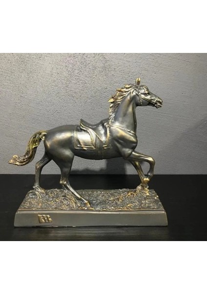 Koşan At Biblo Türk Bayraklı Dekorasyon Ev Gri Polyester Eskitme Home Art Ofis Göz Alıcı 1 Adet