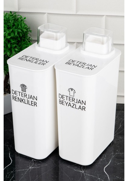 2'li Ölçekli Deterjan Saklama Kabı, Beyaz ve Renkli, 3000 ml, Akrilik