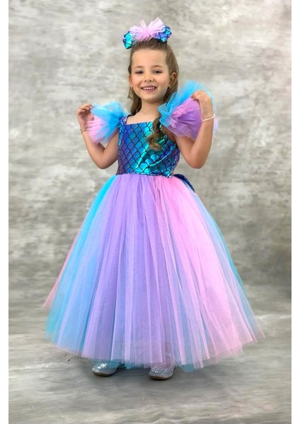 Tüllü Kabarık Etekli Süper Konsept Deniz Kızı Pul Desenli Kız Çocuk Abiye-Parti-Doğum Günü Kostümü fiyatları