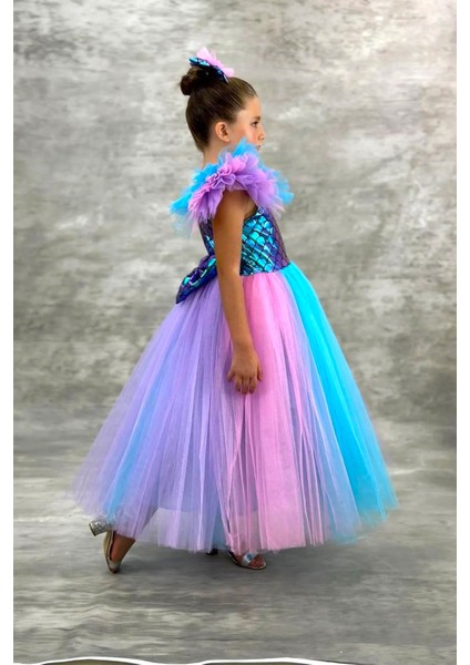 Tüllü Kabarık Etekli Süper Konsept Deniz Kızı Pul Desenli Kız Çocuk Abiye-Parti-Doğum Günü Kostümü modelleri