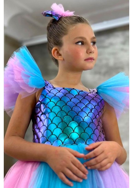 Tüllü Kabarık Etekli Süper Konsept Deniz Kızı Pul Desenli Kız Çocuk Abiye-Parti-Doğum Günü Kostümü fırsatları