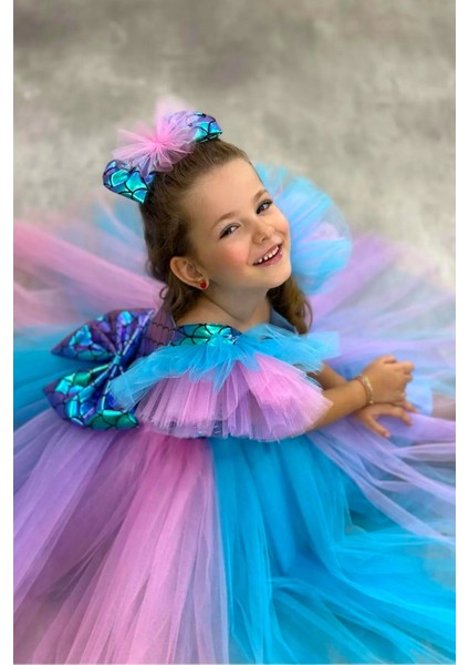 Tüllü Kabarık Etekli Süper Konsept Deniz Kızı Pul Desenli Kız Çocuk Abiye-Parti-Doğum Günü Kostümü indirimleri