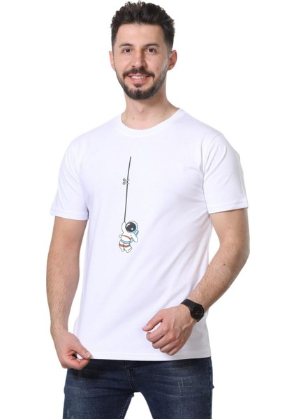 Regular Fit Bisiklet Yaka %100 Pamuk Basic Düz Kısa Kollu Tişört Astronot Baskılı