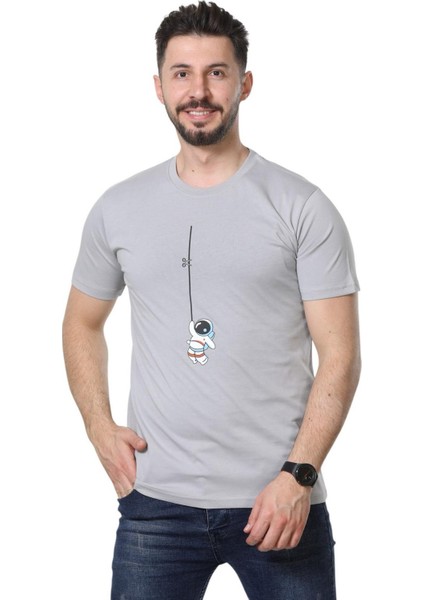 Regular Fit Bisiklet Yaka %100 Pamuk Basic Düz Kısa Kollu Tişört Astronot Baskılı