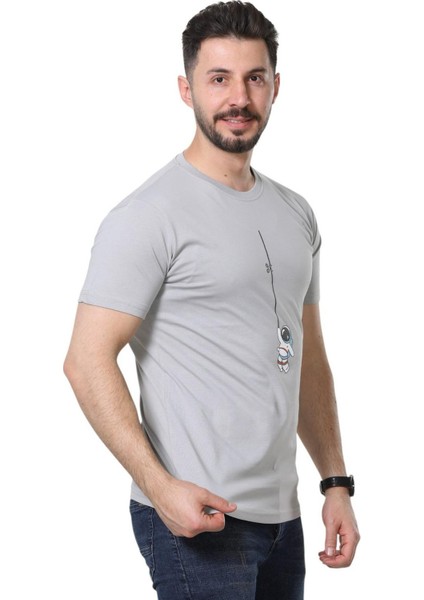 Regular Fit Bisiklet Yaka %100 Pamuk Basic Düz Kısa Kollu Tişört Astronot Baskılı