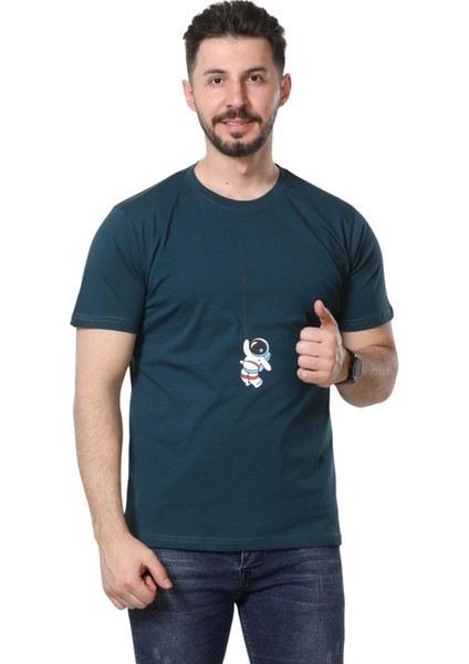 Regular Fit Bisiklet Yaka %100 Pamuk Basic Düz Kısa Kollu Tişört Astronot Baskılı