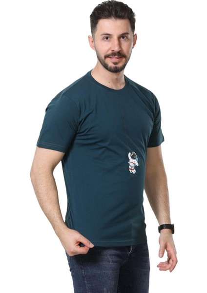 Regular Fit Bisiklet Yaka %100 Pamuk Basic Düz Kısa Kollu Tişört Astronot Baskılı