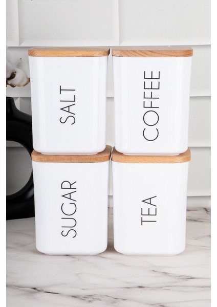 4'lü Ahşap Kapaklı Çok Amaçlı Saklama Kabı Seti, 900 ml, Beyaz, Akrilik