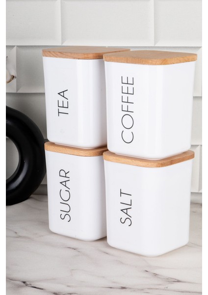4'lü Ahşap Kapaklı Çok Amaçlı Saklama Kabı Seti, 900 ml, Beyaz, Akrilik fiyatları