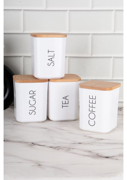 4'lü Ahşap Kapaklı Çok Amaçlı Saklama Kabı Seti, 900 ml, Beyaz, Akrilik fırsatları