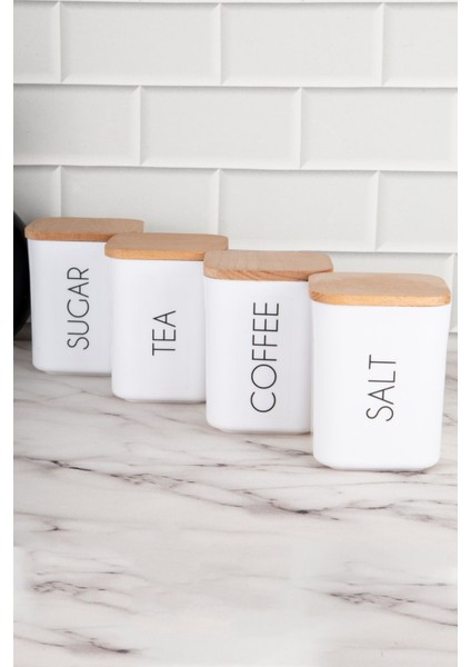 4'lü Ahşap Kapaklı Çok Amaçlı Saklama Kabı Seti, 900 ml, Beyaz, Akrilik indirimleri