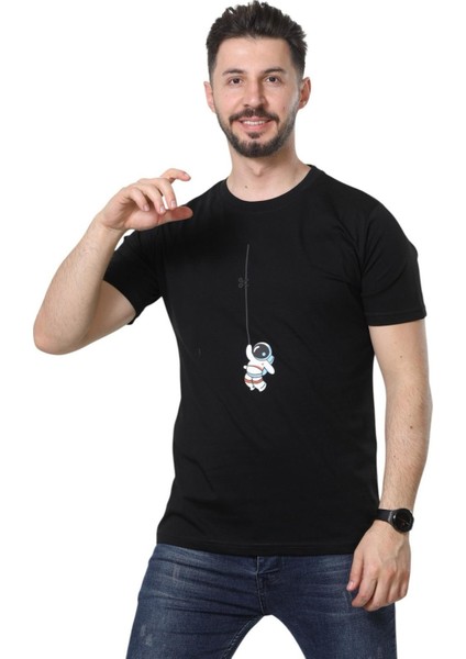 Regular Fit Bisiklet Yaka %100 Pamuk Basic Düz Kısa Kollu Tişört Astronot Baskılı