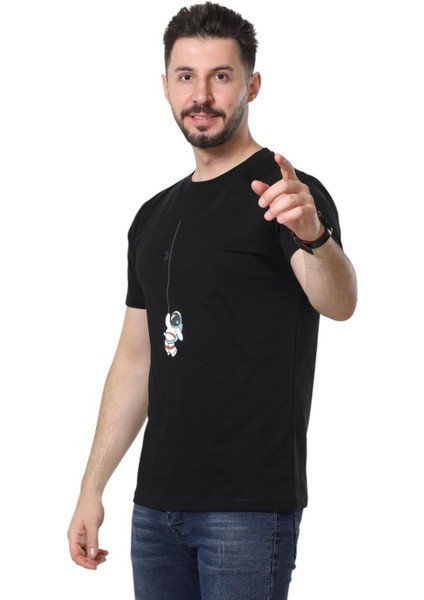 Regular Fit Bisiklet Yaka %100 Pamuk Basic Düz Kısa Kollu Tişört Astronot Baskılı