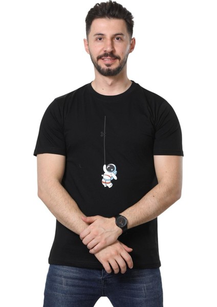 Regular Fit Bisiklet Yaka %100 Pamuk Basic Düz Kısa Kollu Tişört Astronot Baskılı