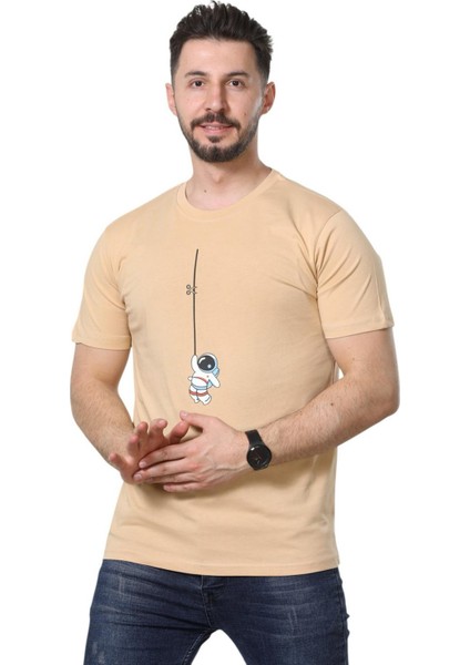 Regular Fit Bisiklet Yaka %100 Pamuk Basic Düz Kısa Kollu Tişört Astronot Baskılı