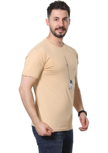 Regular Fit Bisiklet Yaka %100 Pamuk Basic Düz Kısa Kollu Tişört Astronot Baskılı fiyatları
