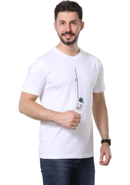 Regular Fit Bisiklet Yaka %100 Pamuk Basic Düz Kısa Kollu Tişört Astronot Baskılı