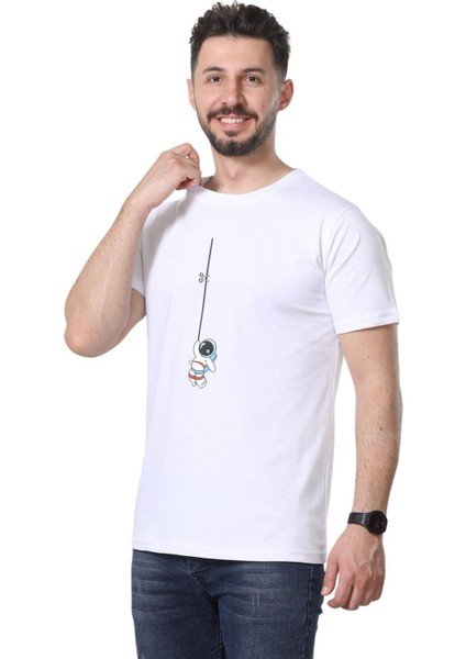 Regular Fit Bisiklet Yaka %100 Pamuk Basic Düz Kısa Kollu Tişört Astronot Baskılı