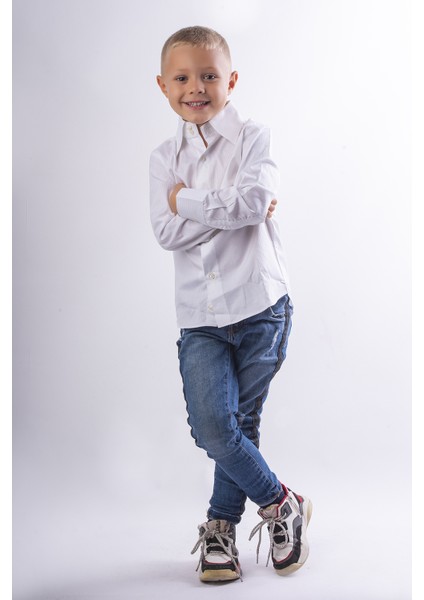 Erkek Çocuk Beyaz Gömlek | %100 Pamuk Jakarlı Slim Fit Uzun Kol İtalyan Yaka Çocuk Gömlek | Bayram, Doğum Günü ve Özel Günler İçin | 5-6 Yaş