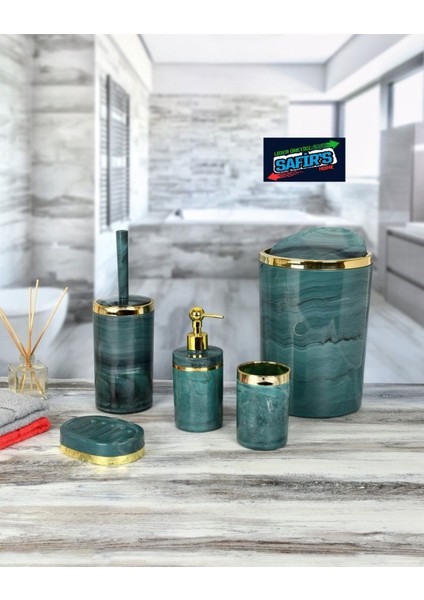 5 Parça Mermer Desen Banyo Seti / Wc Fırçalık, Sıvı - Katı Sabunluk, Çöp Kovası, Diş Fırçalık fiyatları