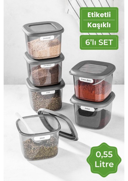 6'lı Kare Saklama Kabı Seti, 0,55 L, Antrasit, Kaşıkli, Plastik, Gri