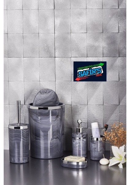 5 Parça Mermer Desen Banyo Seti / Wc Fırçalık, Sıvı - Katı Sabunluk, Çöp Kovası, Diş Fırçalık