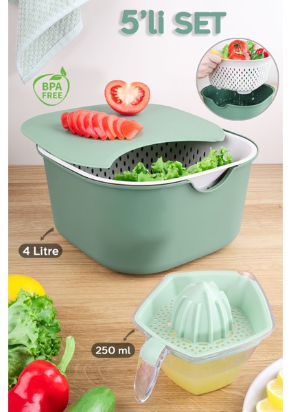 Yeşil Çok Amaçlı Mutfak Seti, 5 Parça, Plastik, Karıştırma Kabı, Süzgeç, Kesme Tahtası