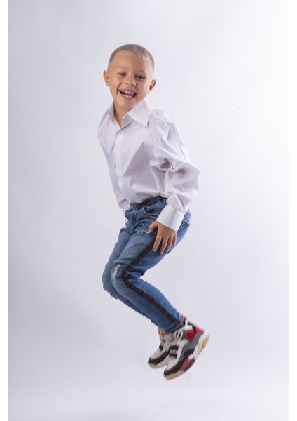 Erkek Çocuk Beyaz Gömlek, Uzun Kollu, Polo Yaka %100 Pamuk Klasik Bayramlık Gömlek, 5-6 Yaş