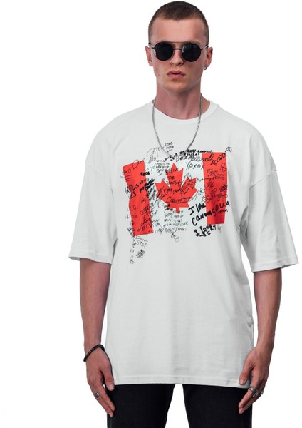 Kanada Bayrak Baskılı Oversize T-Shirt Beyaz modelleri